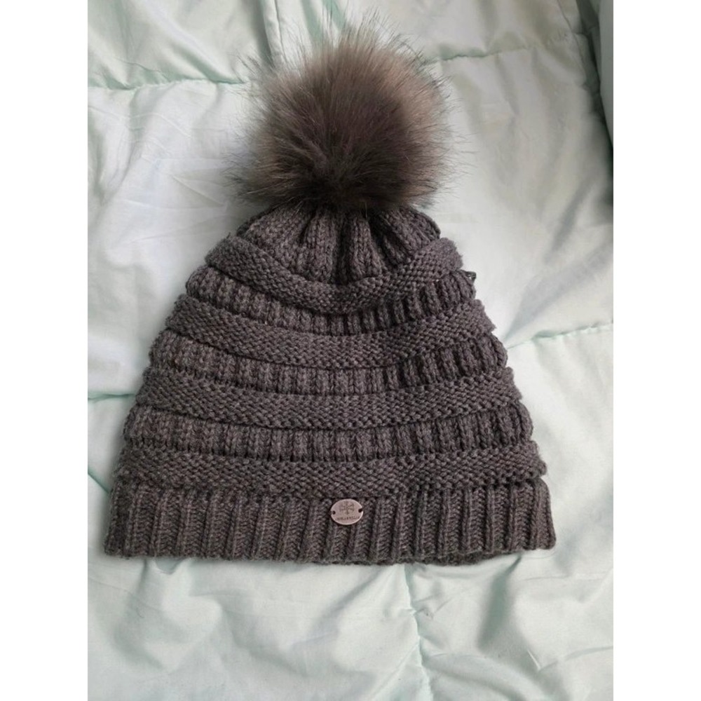 Angela & William Gray Cable Knit Beanie Faux Fur Pom Pom Fleece Lined Hat